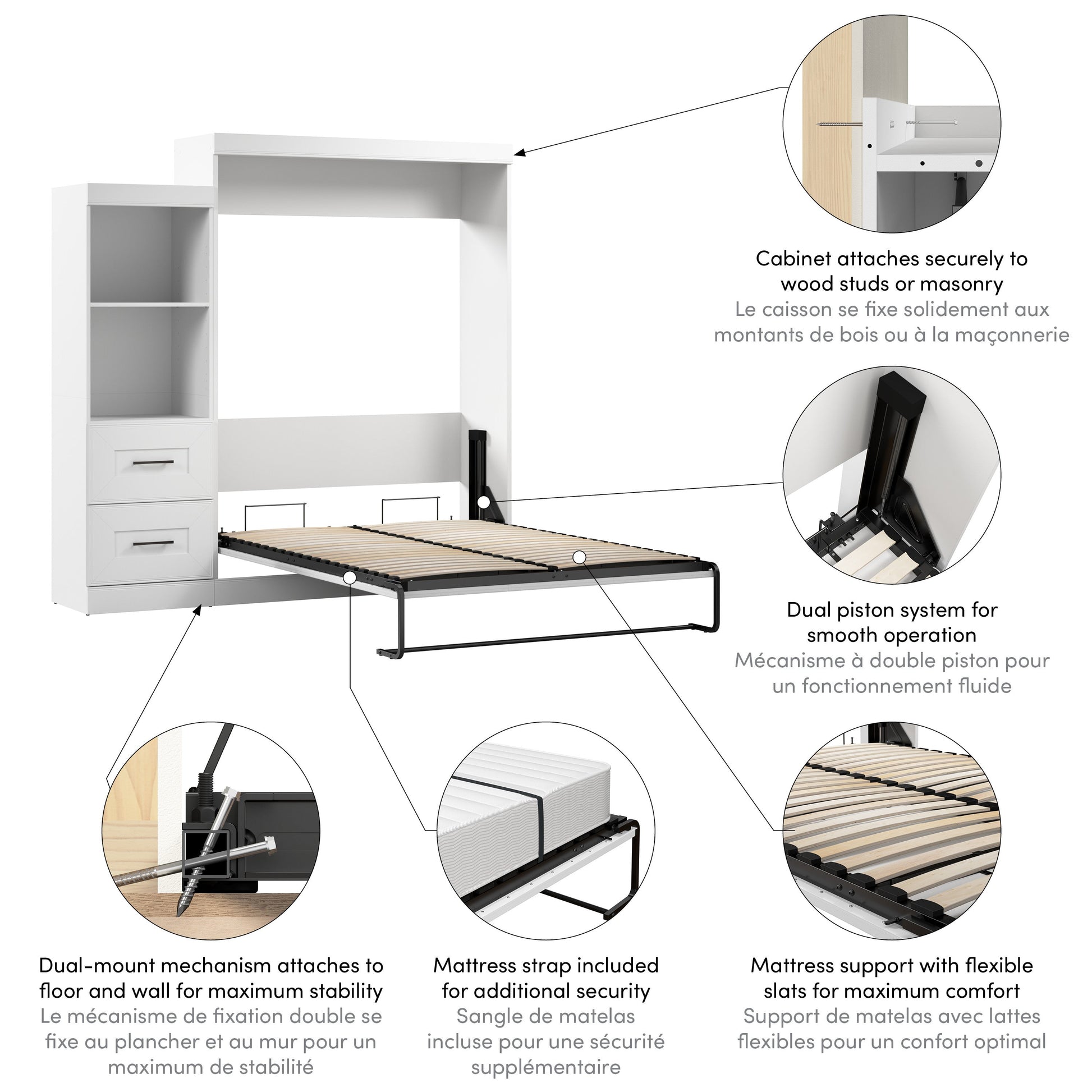 Modubox Edge 91W Queen Murphy Bed and Closet Organizer with Drawers (90W) in White