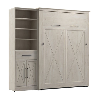 Modubox Key West 87W Full Murphy Bed and Closet Organizer with Drawer and Doors (88W) in Linen White Oak