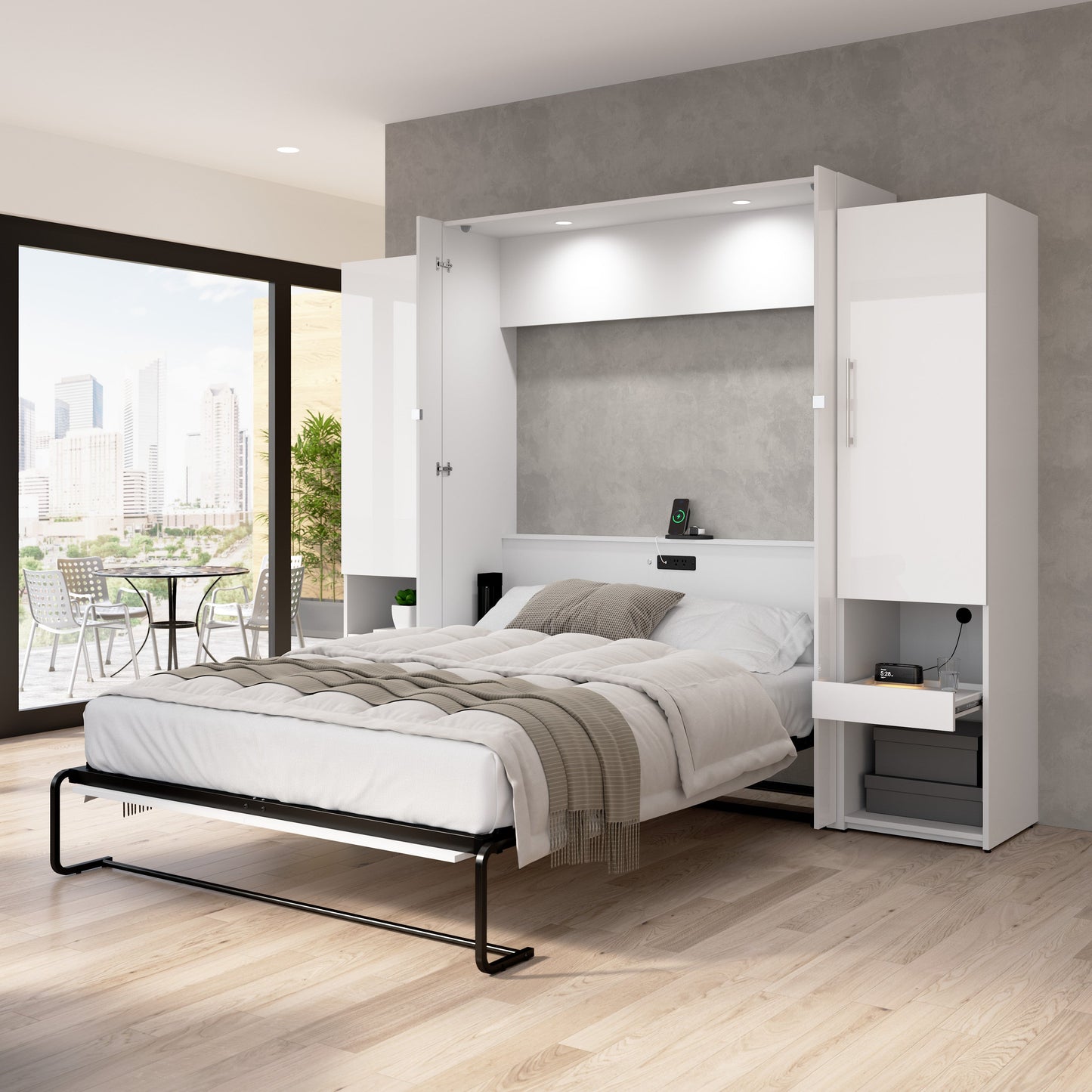 Modubox Avalon High Gloss Queen Murphy Bed and Storage Cabinets with Pull-Out Shelf (107W) in High Gloss White