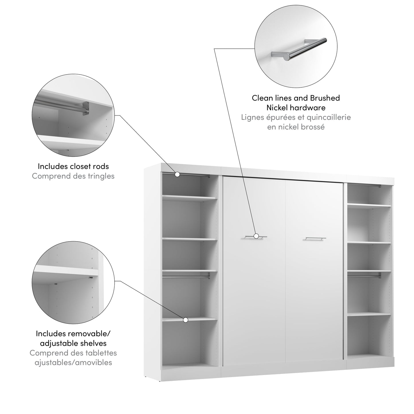 Modubox Nebula Full Murphy Bed and 2 Closet Organizers (109W) in White