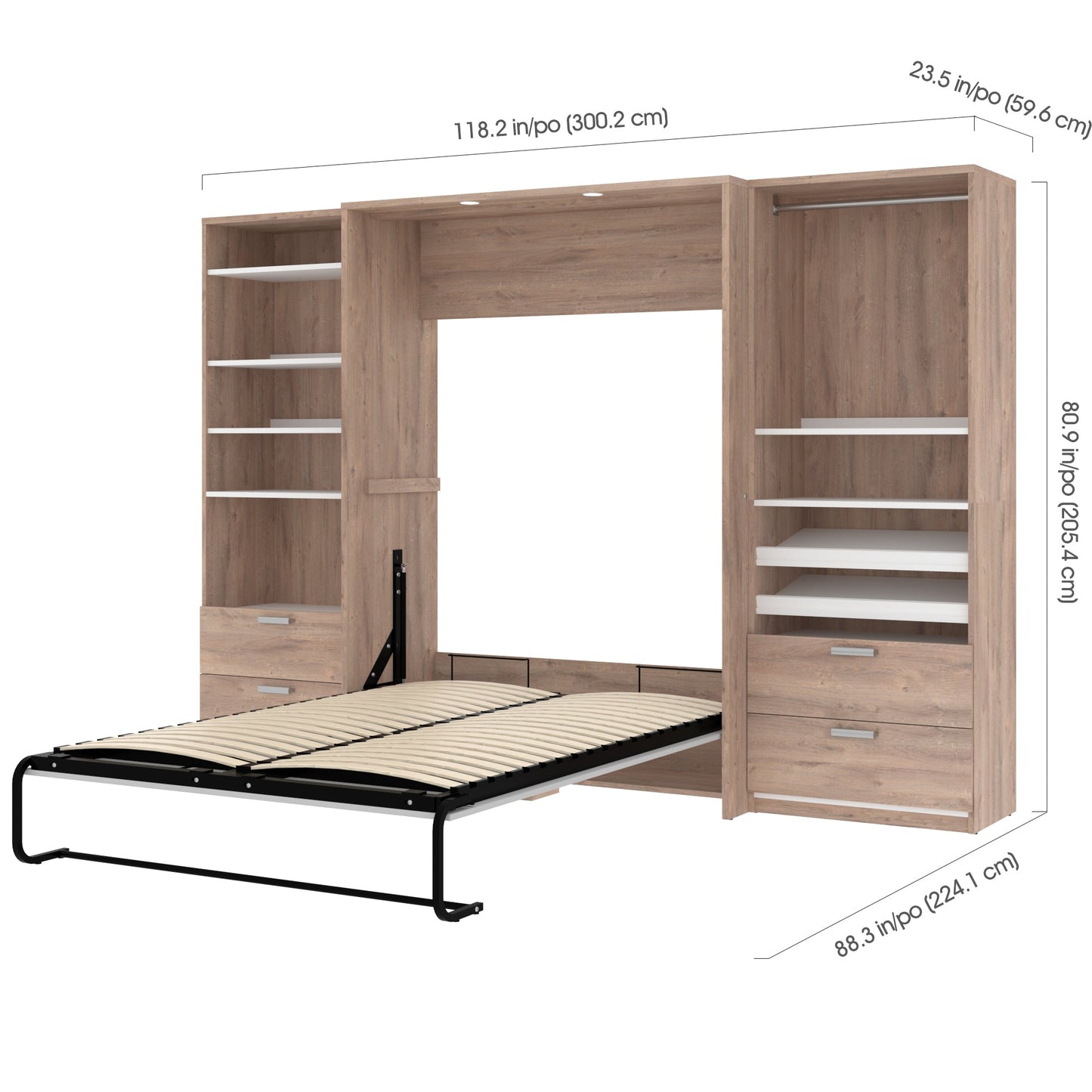 Modubox Cielo Full Murphy Bed with 2 Closet Organizers with Drawers (119W) in Rustic Brown & White