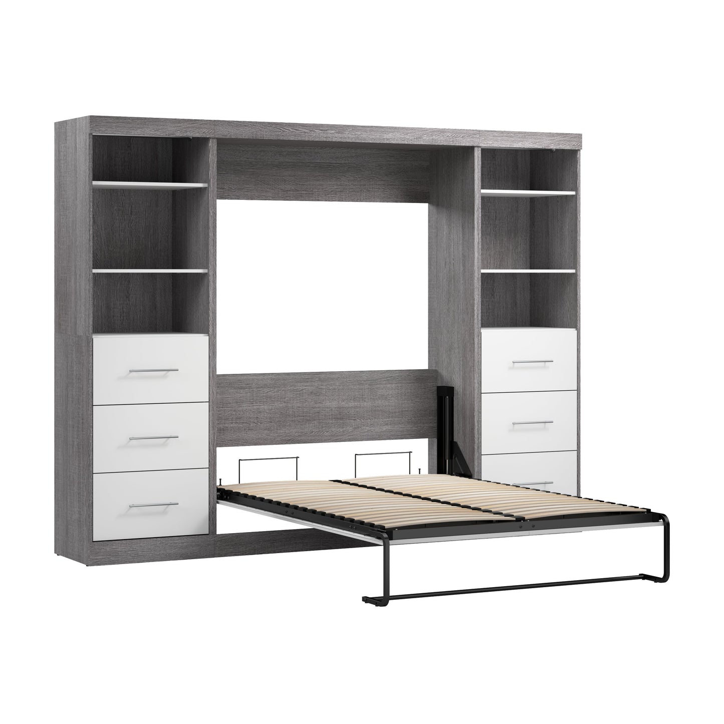 Modubox Nebula Full Murphy Bed and 2 Closet Organizers with Drawers (109W) in Bark Grey & White