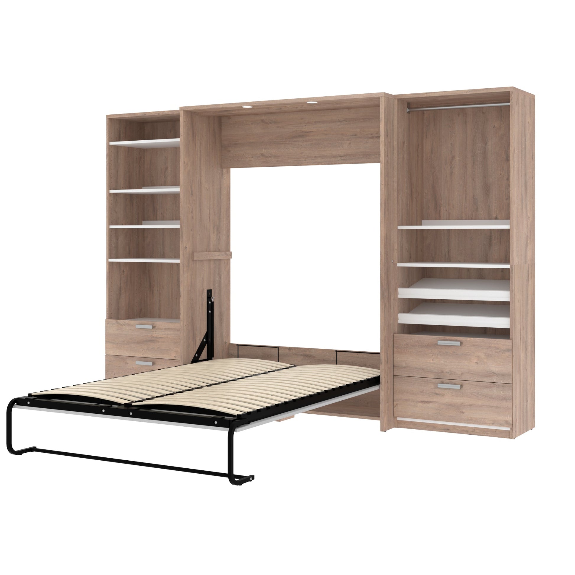 Modubox Cielo Full Murphy Bed with 2 Closet Organizers with Drawers (119W) in Rustic Brown & White