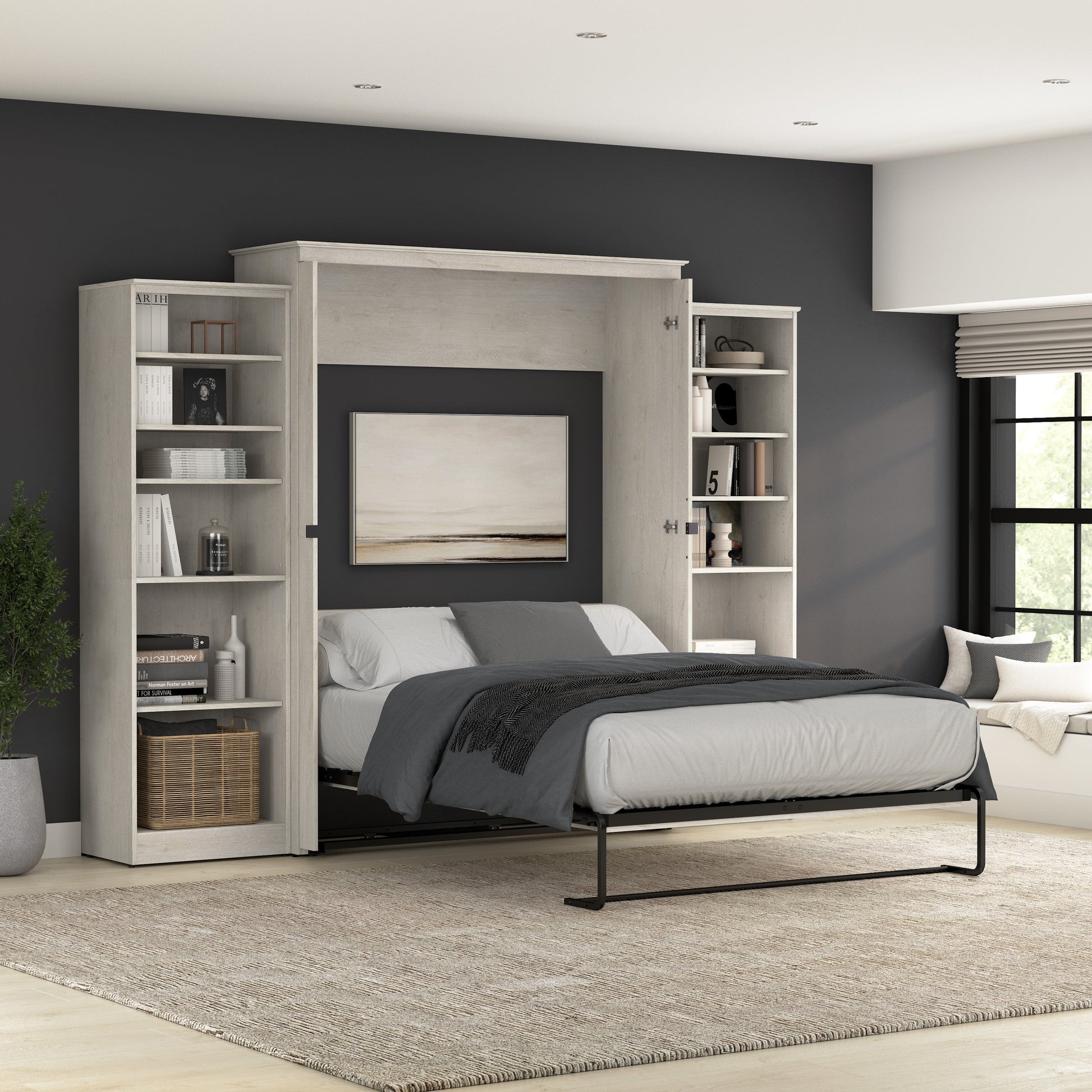 Modubox Key West 117W Queen Murphy Bed with Closet Organizers (119W) in Linen White Oak