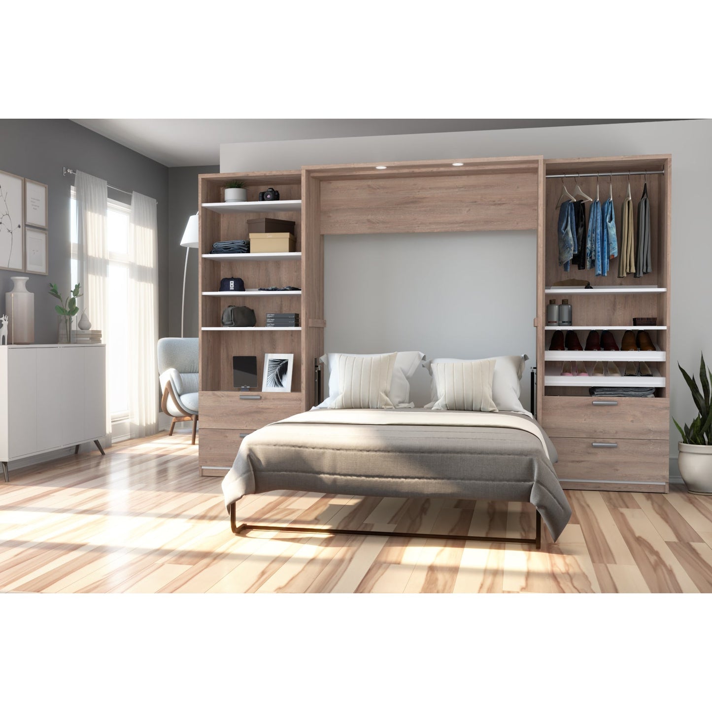 Modubox Cielo Full Murphy Bed with 2 Closet Organizers with Drawers (119W) in Rustic Brown & White