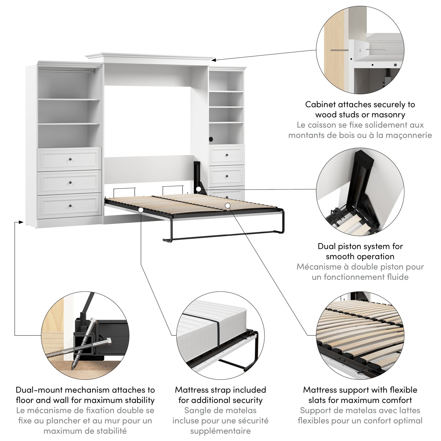 Modubox Versatile Queen Murphy Bed and Closet Organizers with Drawers (126W) in White