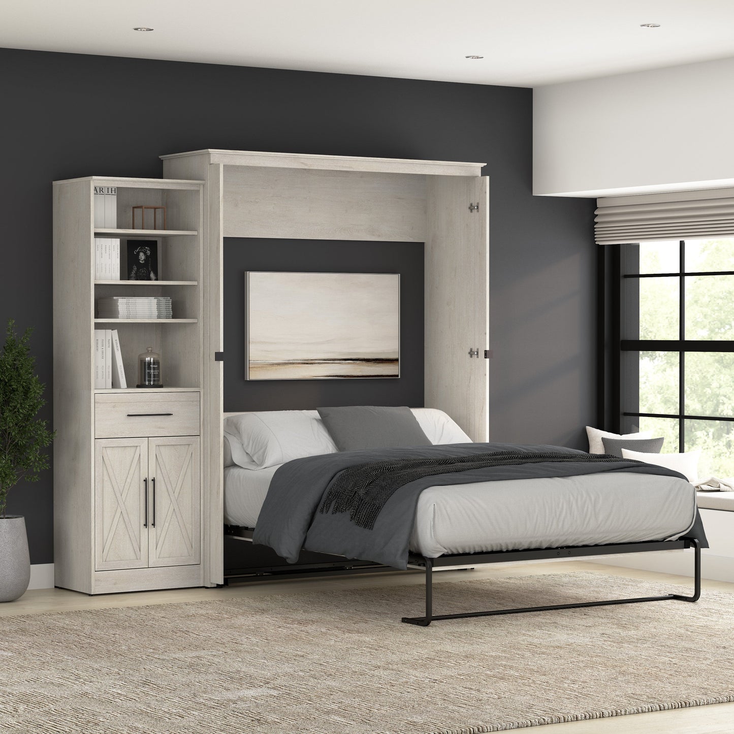 Modubox Key West 93W Queen Murphy Bed and Closet Organizer with Drawer and Doors (94W) in Linen White Oak