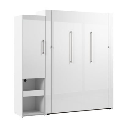 Modubox Avalon High Gloss Queen Murphy Bed and Storage Cabinet with Pull-Out Shelf (87W) in High Gloss White