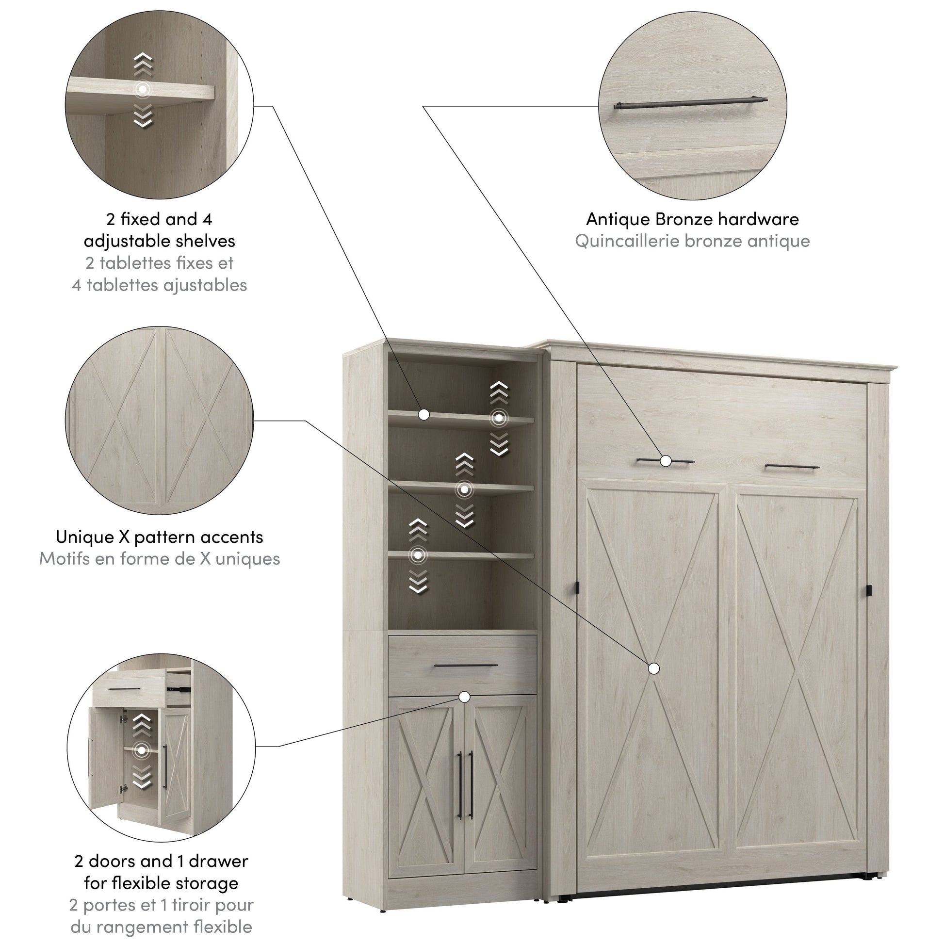 Modubox Key West 87W Full Murphy Bed and Closet Organizer with Drawer and Doors (88W) in Linen White Oak