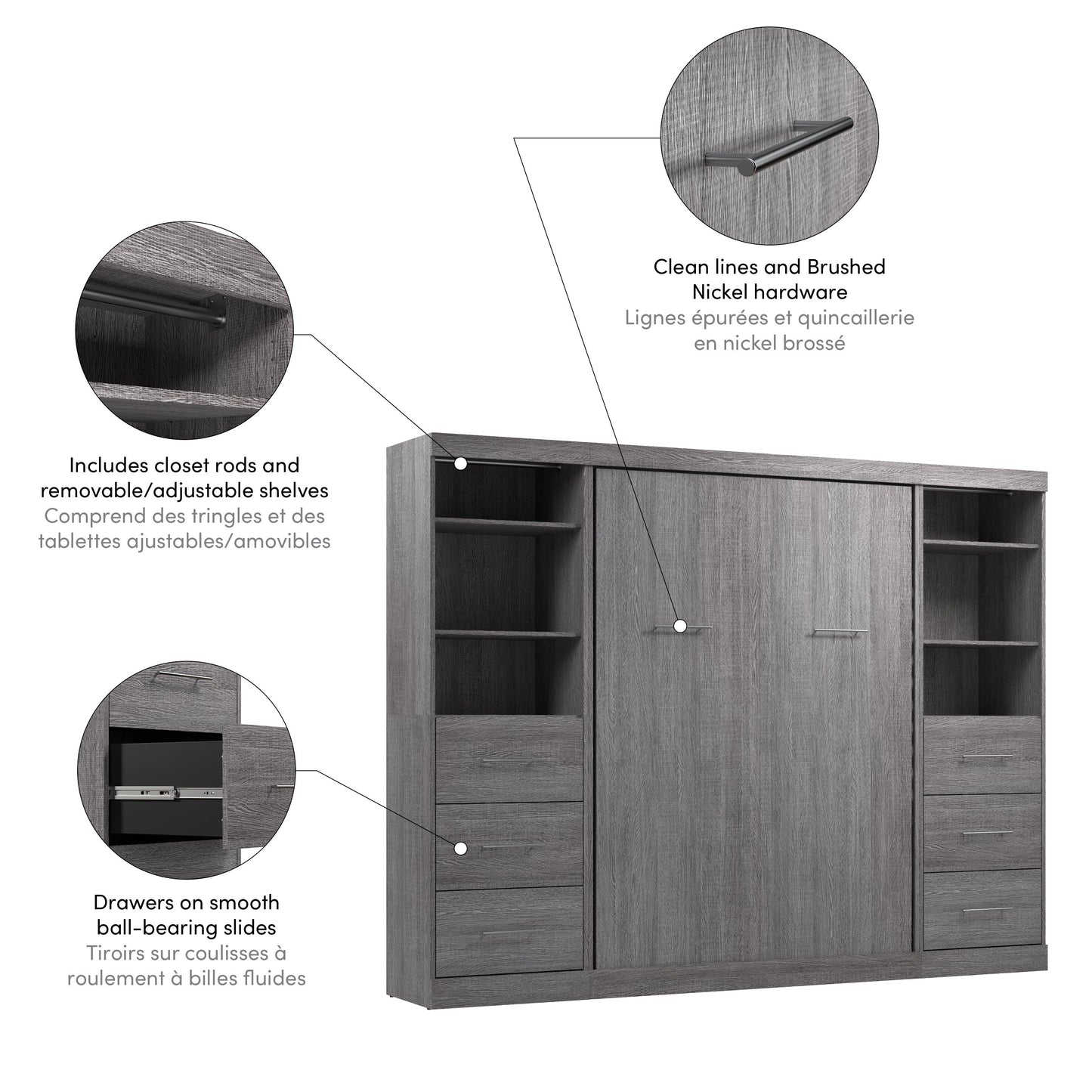 Modubox Nebula Full Murphy Bed and 2 Closet Organizers with Drawers (109W) in Bark Grey