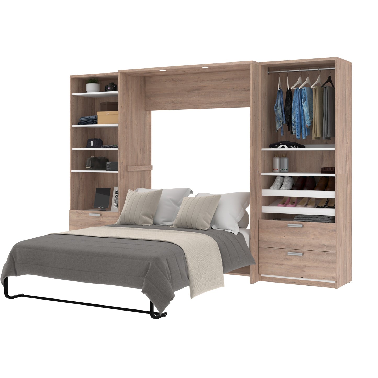 Modubox Cielo Full Murphy Bed with 2 Closet Organizers with Drawers (119W) in Rustic Brown & White