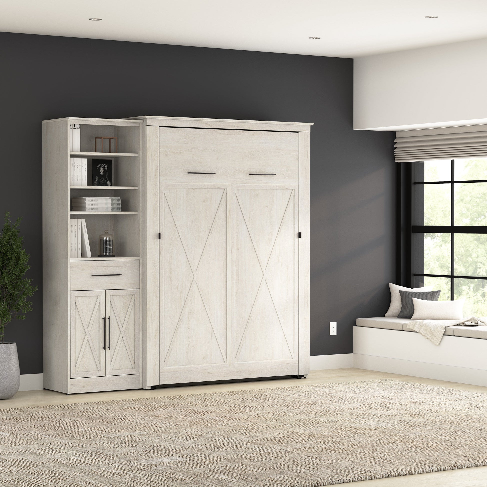 Modubox Key West 87W Full Murphy Bed and Closet Organizer with Drawer and Doors (88W) in Linen White Oak