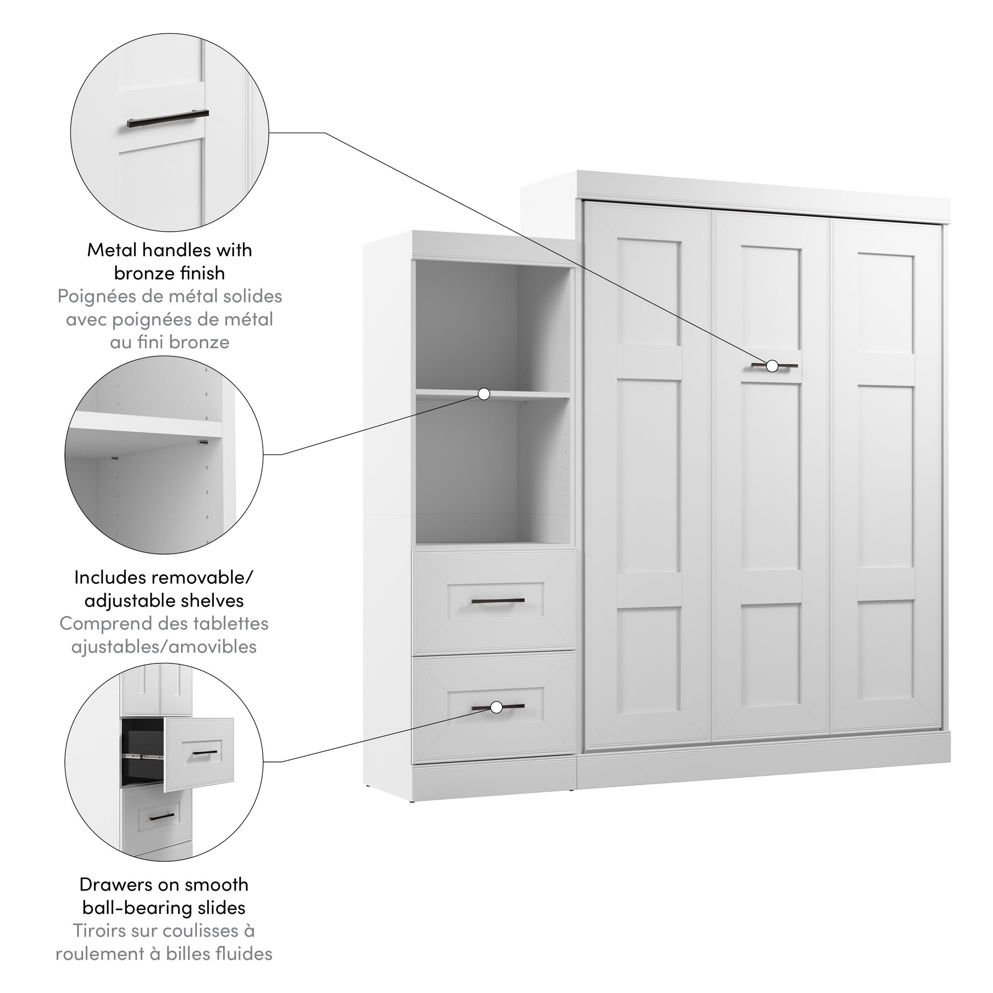 Modubox Edge 91W Queen Murphy Bed and Closet Organizer with Drawers (90W) in White