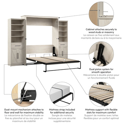 Modubox Key West 117W Queen Murphy Bed and Closet Organizers with Doors and Drawers (119W) in Linen White Oak