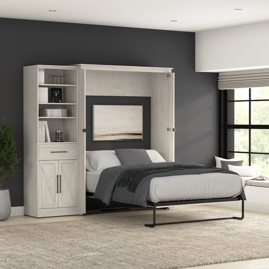 Modubox Key West 87W Full Murphy Bed and Closet Organizer with Drawer and Doors (88W) in Linen White Oak