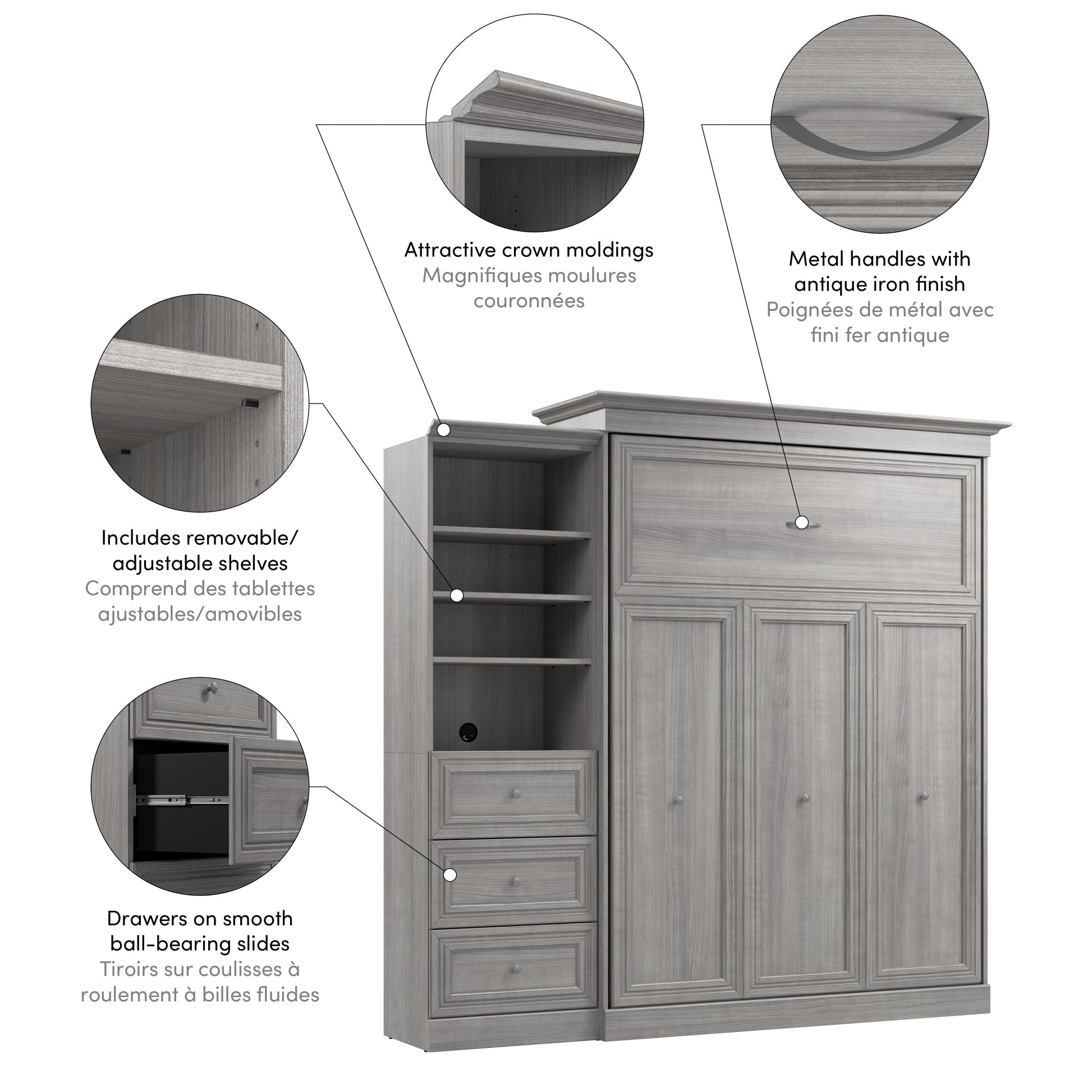 Modubox Versatile Queen Murphy Bed and Closet Organizer with Drawers (92W) in Platinum Grey