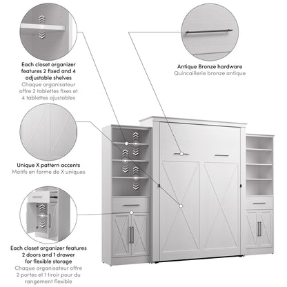 Modubox Key West 117W Queen Murphy Bed and Closet Organizers with Doors and Drawers (119W) in Pure White Oak