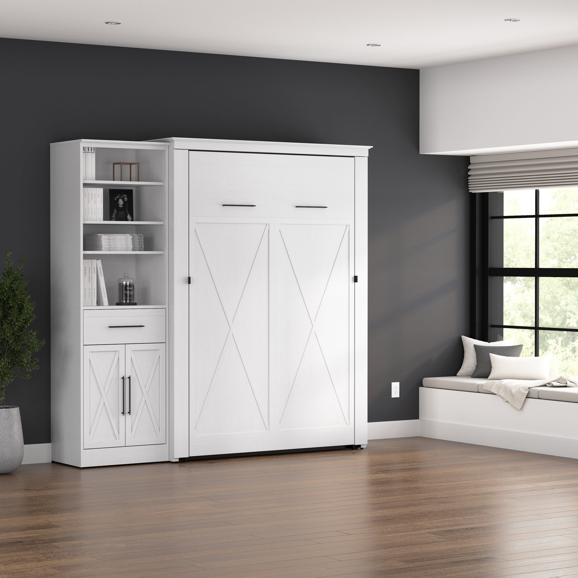 Modubox Key West 87W Full Murphy Bed and Closet Organizer with Drawer and Doors (88W) in Pure White Oak