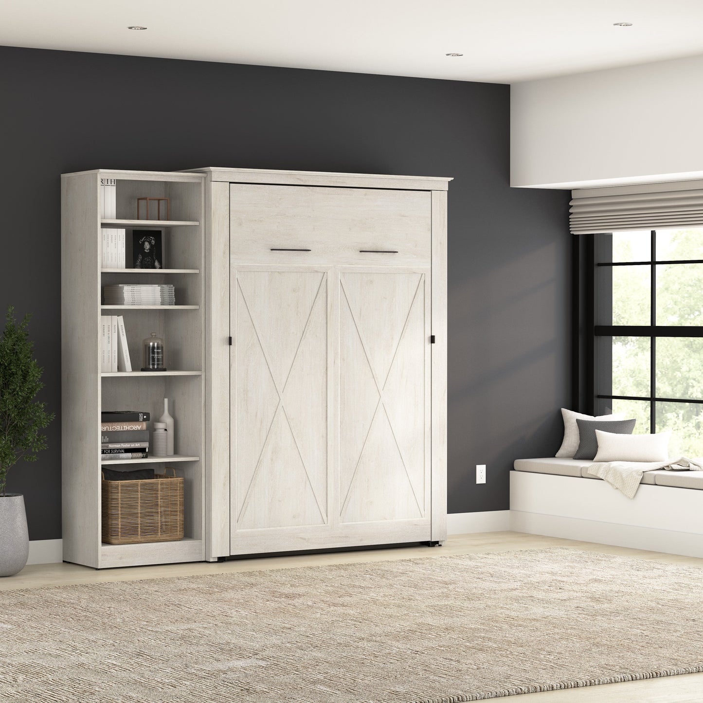 Modubox Key West 87W Full Murphy Bed with Closet Organizer (88W) in Linen White Oak