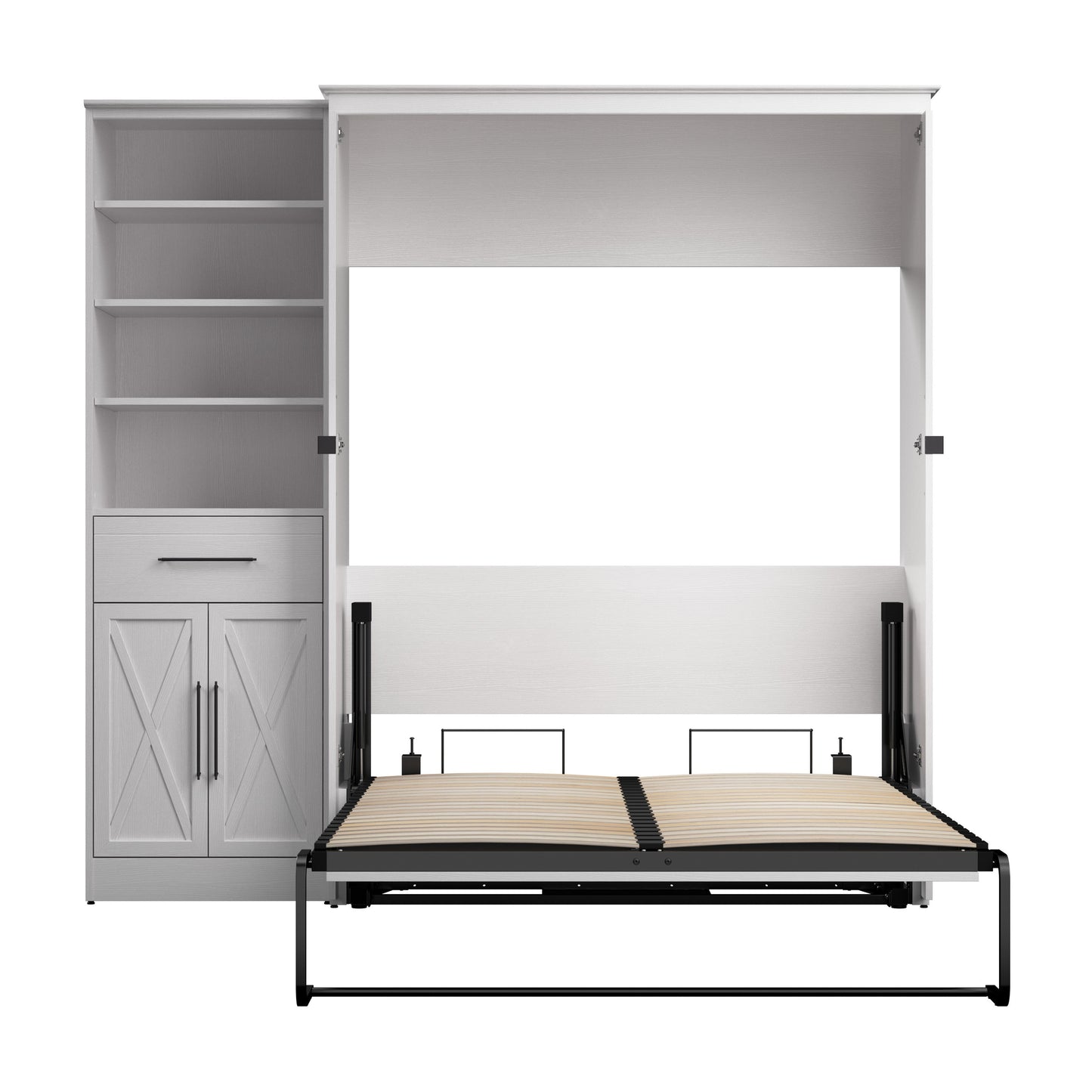 Modubox Key West 87W Full Murphy Bed and Closet Organizer with Drawer and Doors (88W) in Pure White Oak