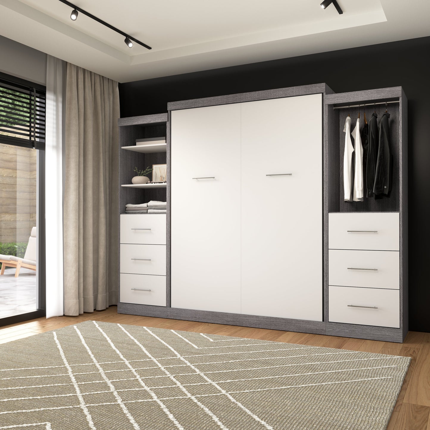 Modubox Nebula Queen Murphy Bed and 2 Closet Organizers with Drawers (115W) in Bark Grey & White