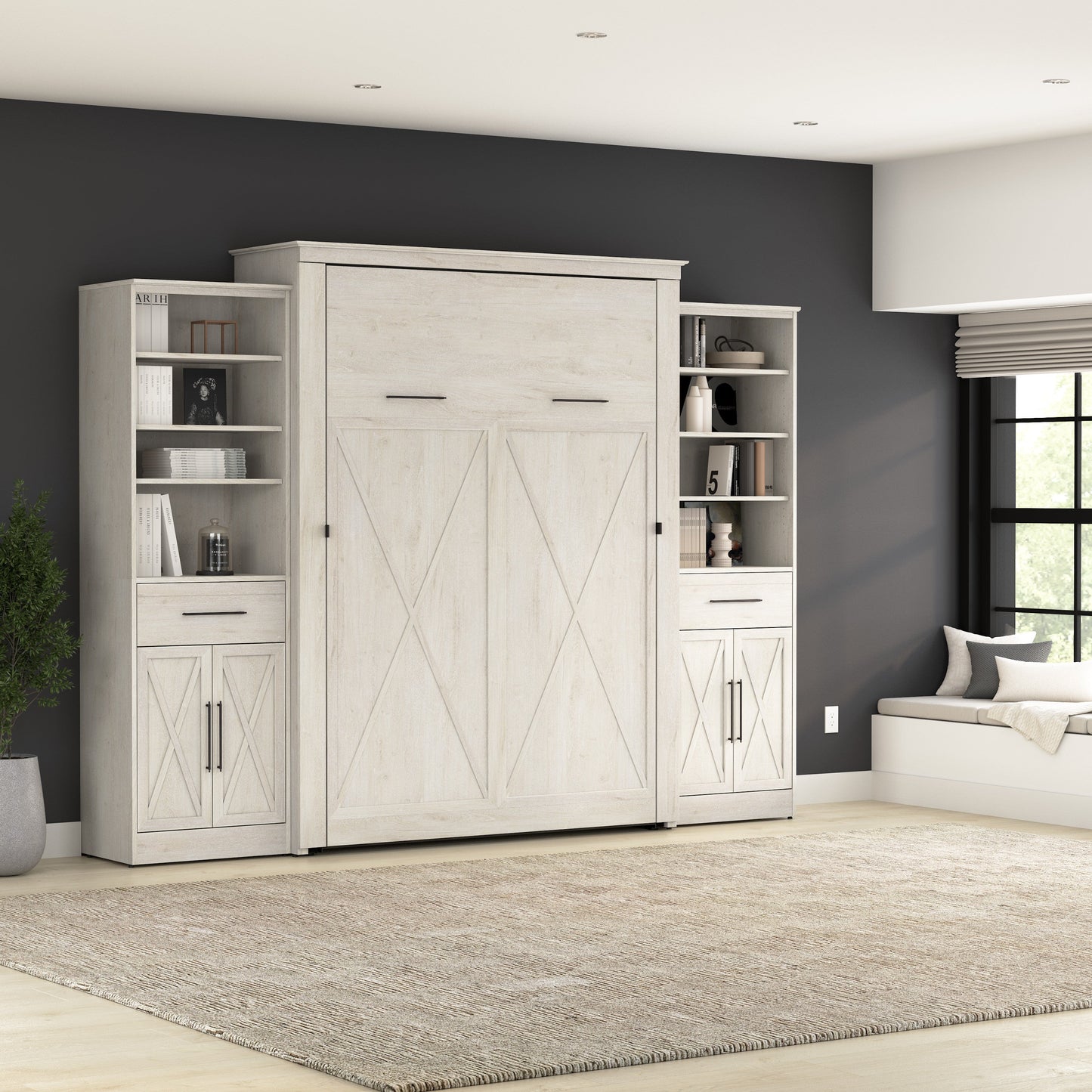 Modubox Key West 117W Queen Murphy Bed and Closet Organizers with Doors and Drawers (119W) in Linen White Oak