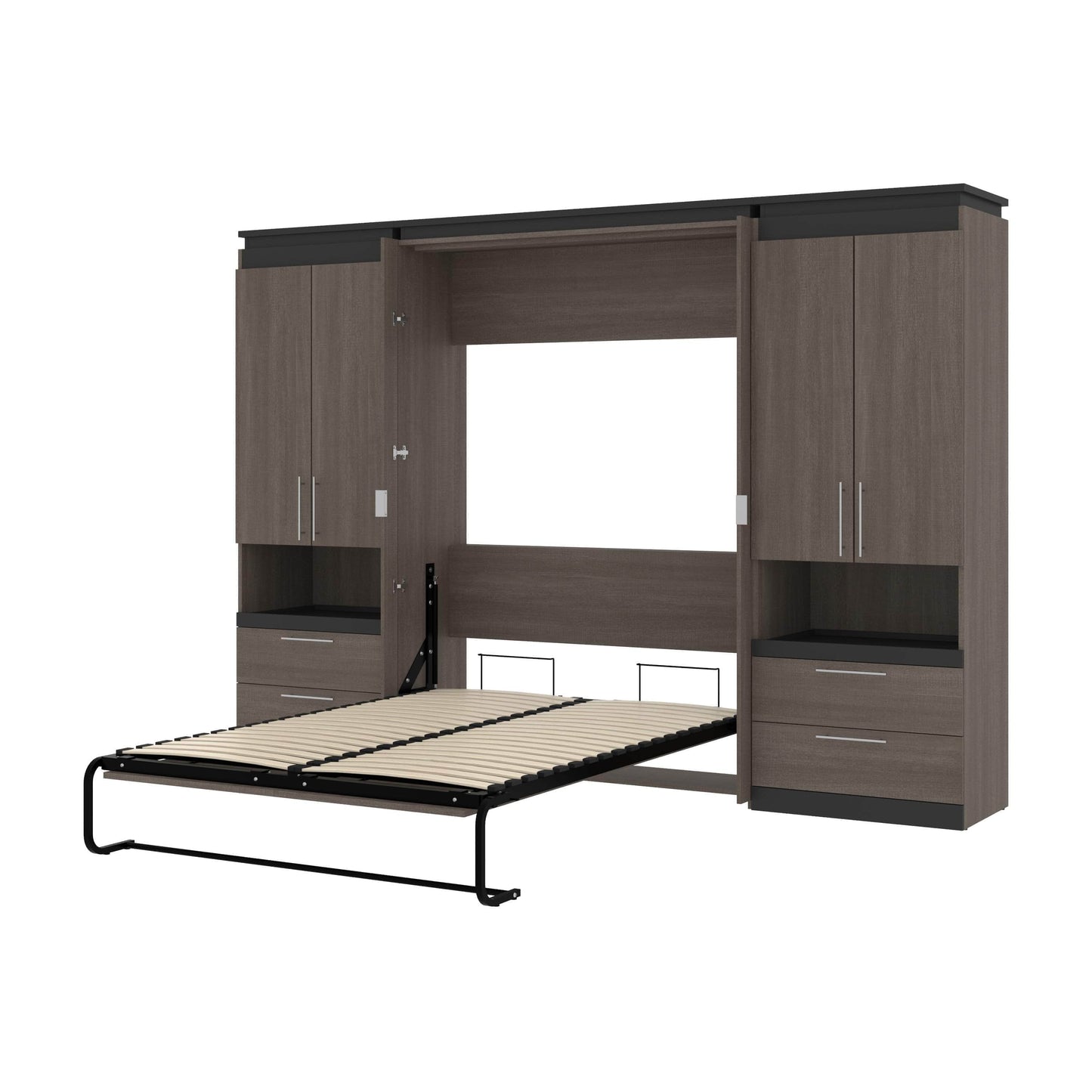 Modubox Murphy Wall Bed Bark Grey & Graphite Orion 118"W Full Murphy Wall Bed with 2 Storage Cabinets and Pull-Out Shelves - Available in 2 Colours