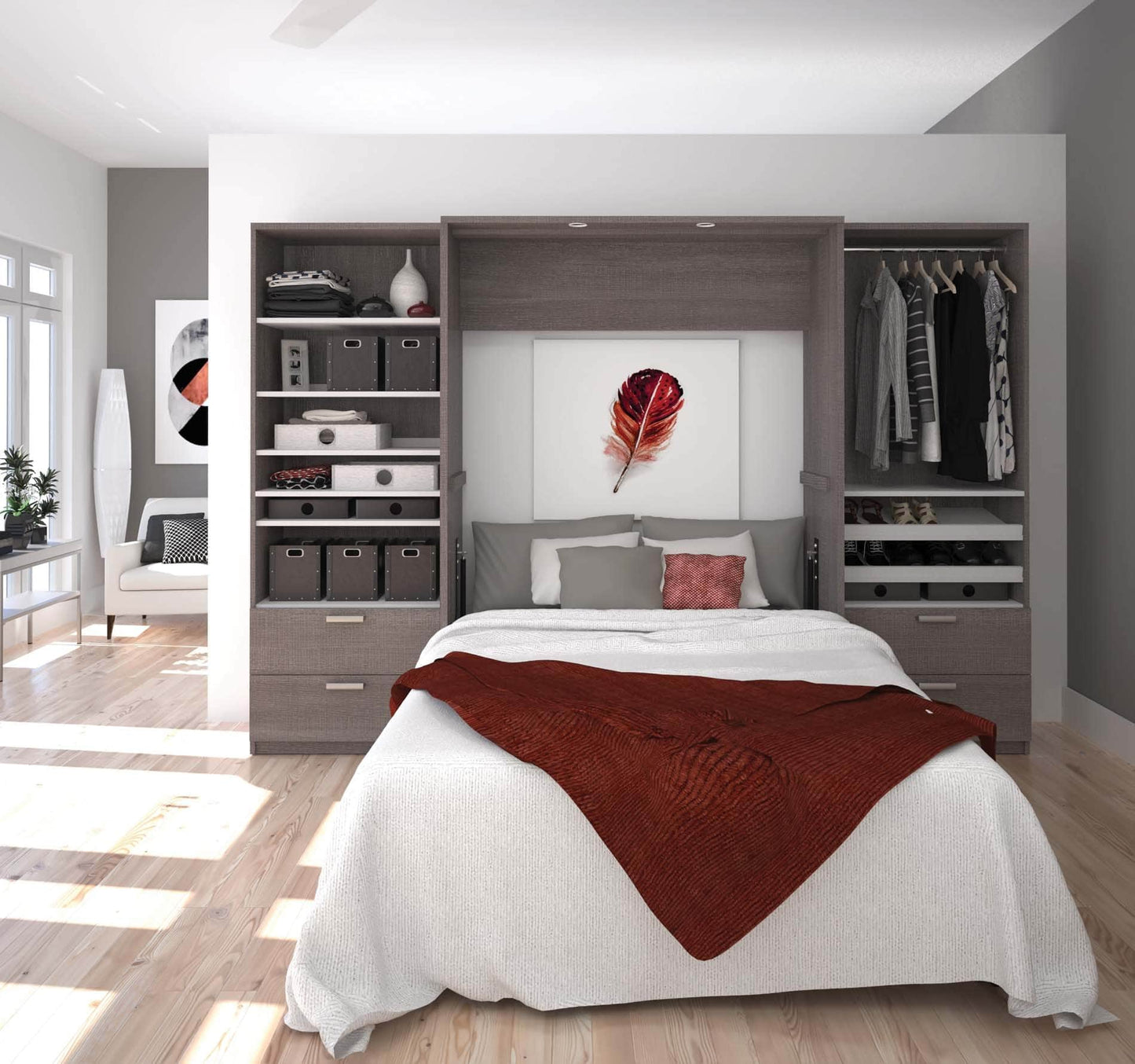 Cielo Full Murphy Wall Bed with 2 Closet Organizers with Drawers - Available in 2 Colours