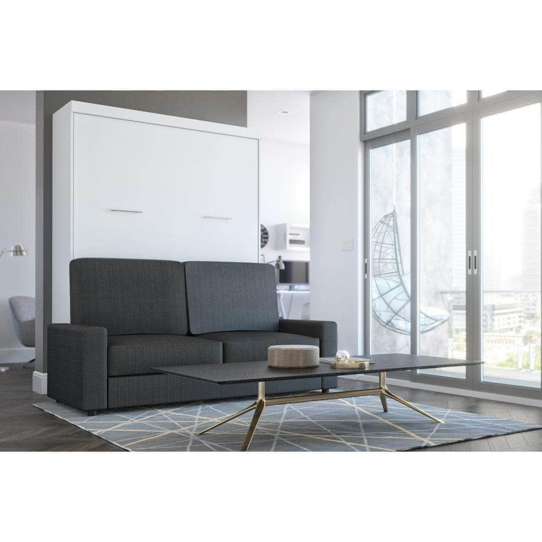 Modubox Murphy Wall Bed Nebula Queen White Murphy Wall Bed and Grey Sofa