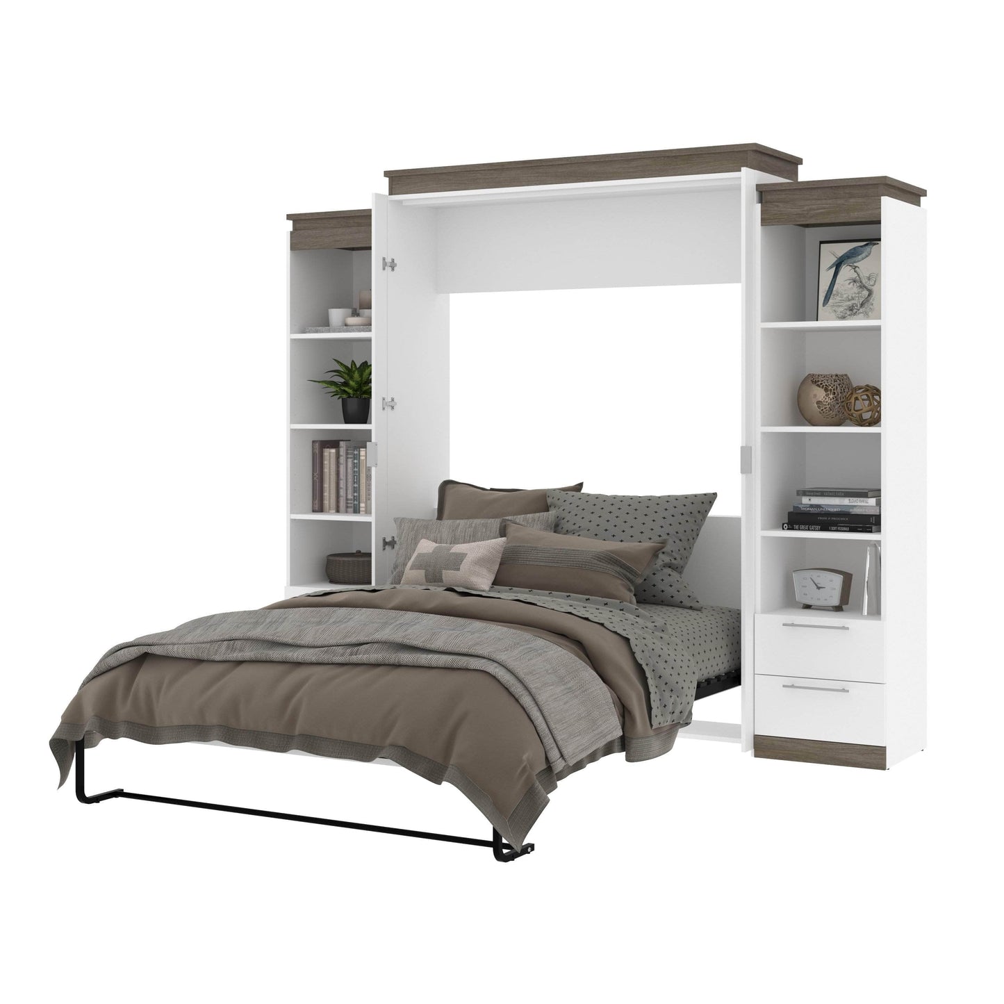 Modubox Murphy Wall Bed Orion 104"W Queen Murphy Wall Bed with 2 Narrow Shelving Units and Drawers - Available in 2 Colours