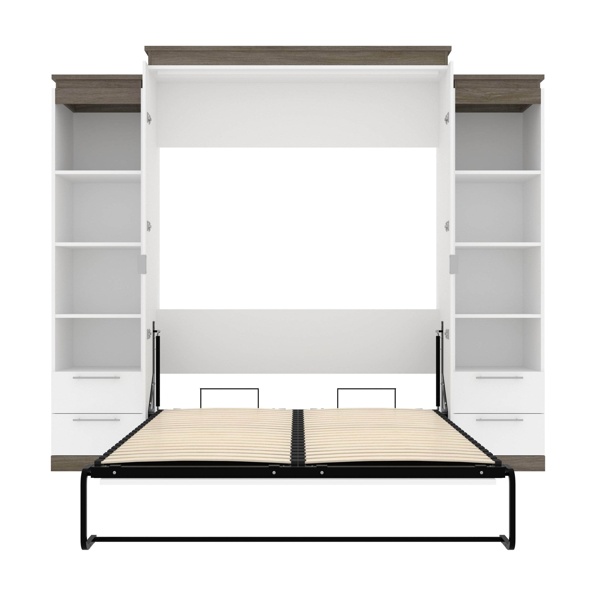 Modubox Murphy Wall Bed Orion 104"W Queen Murphy Wall Bed with 2 Narrow Shelving Units and Drawers - Available in 2 Colours