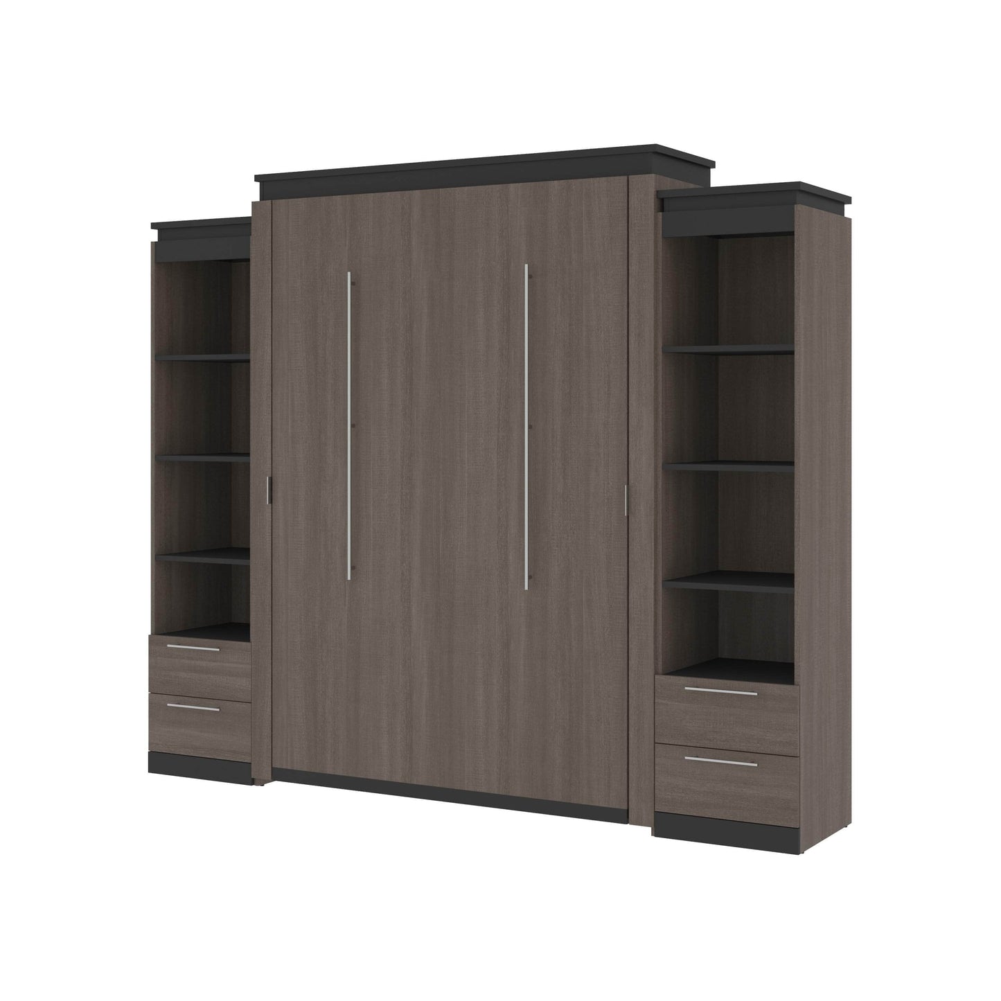 Modubox Murphy Wall Bed Orion 104"W Queen Murphy Wall Bed with 2 Narrow Shelving Units and Drawers - Available in 2 Colours