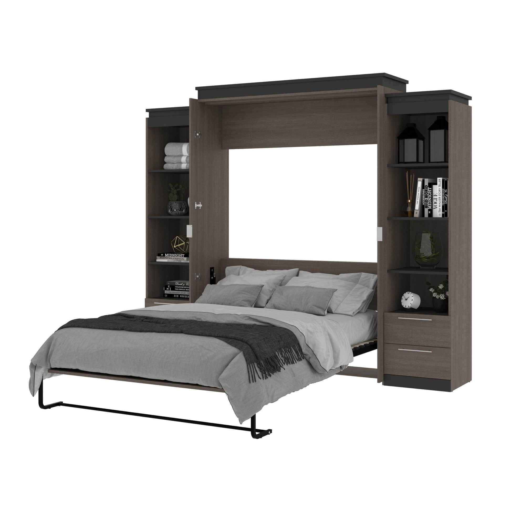 Modubox Murphy Wall Bed Orion 104"W Queen Murphy Wall Bed with 2 Narrow Shelving Units and Drawers - Available in 2 Colours