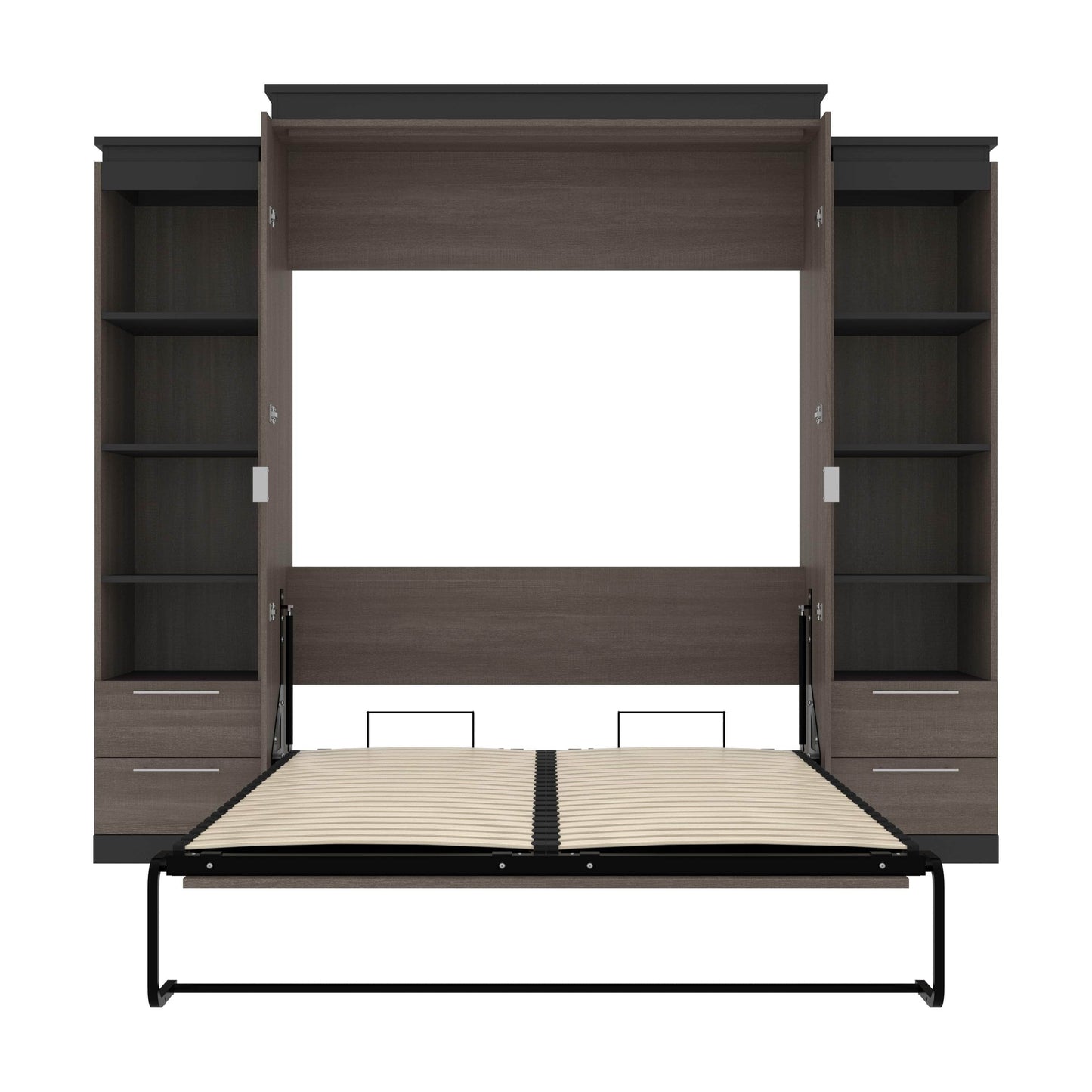 Modubox Murphy Wall Bed Orion 104"W Queen Murphy Wall Bed with 2 Narrow Shelving Units and Drawers - Available in 2 Colours