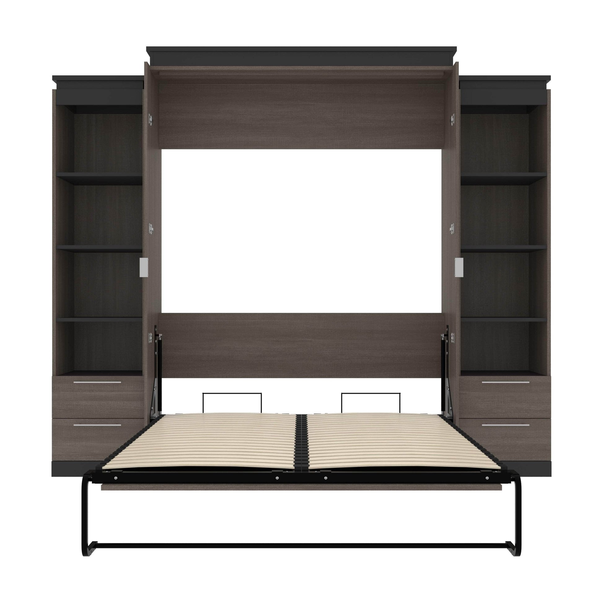 Modubox Murphy Wall Bed Orion 104"W Queen Murphy Wall Bed with 2 Narrow Shelving Units and Drawers - Available in 2 Colours