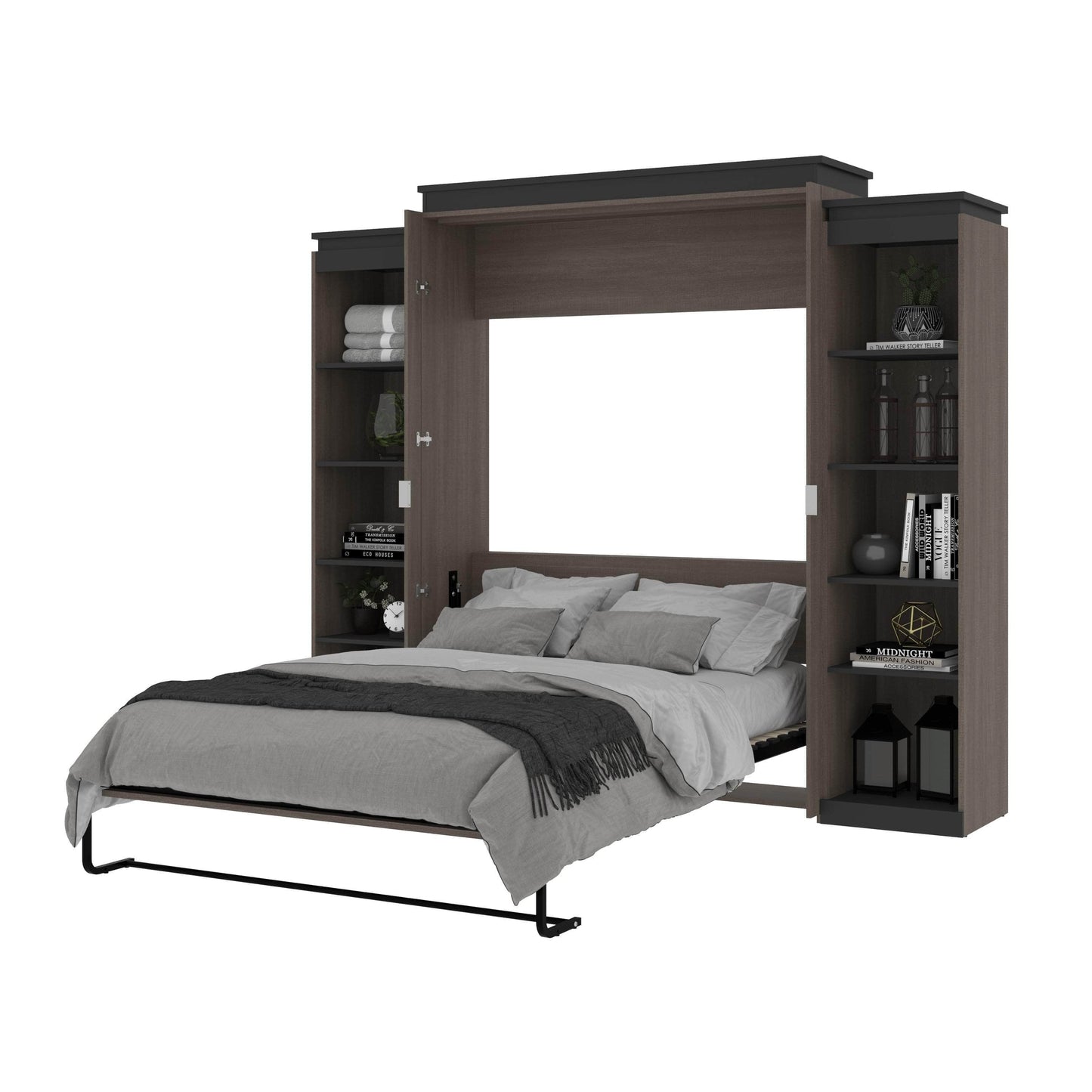 Modubox Murphy Wall Bed Orion 104"W Queen Murphy Wall Bed with 2 Narrow Shelving Units - Available in 2 Colours