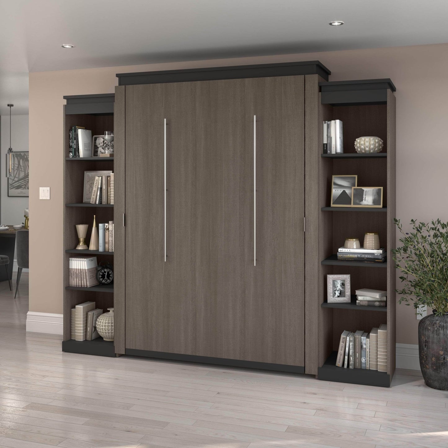 Modubox Murphy Wall Bed Orion 104"W Queen Murphy Wall Bed with 2 Narrow Shelving Units - Available in 2 Colours