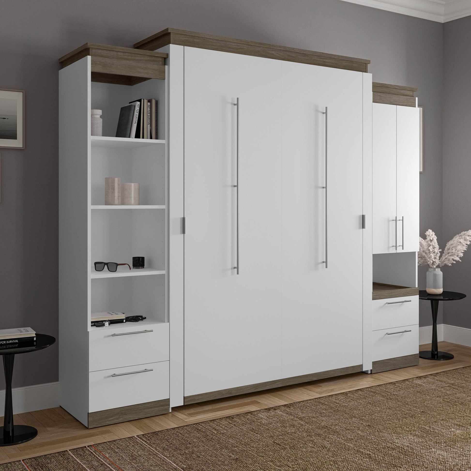 Modubox Murphy Wall Bed Orion 104"W Queen Murphy Wall Bed with Narrow Storage Solutions and Drawers - Available in 2 Colours