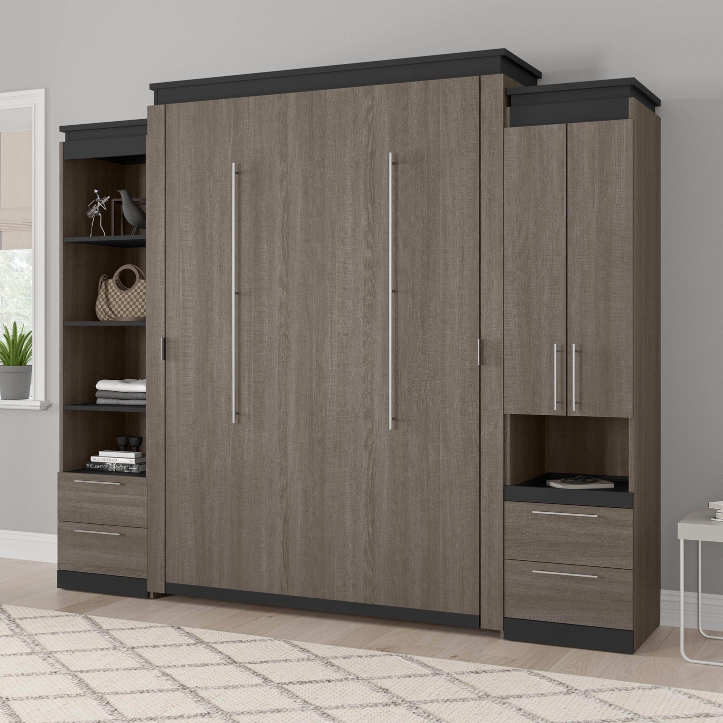 Modubox Murphy Wall Bed Orion 104"W Queen Murphy Wall Bed with Narrow Storage Solutions and Drawers - Available in 2 Colours