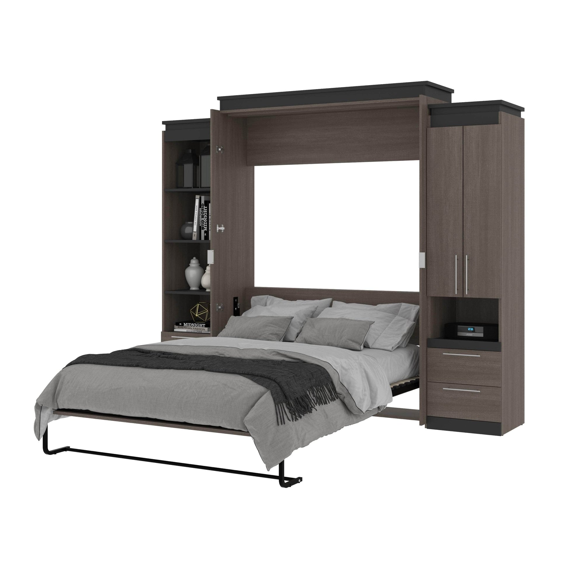 Modubox Murphy Wall Bed Orion 104"W Queen Murphy Wall Bed with Narrow Storage Solutions and Drawers - Available in 2 Colours