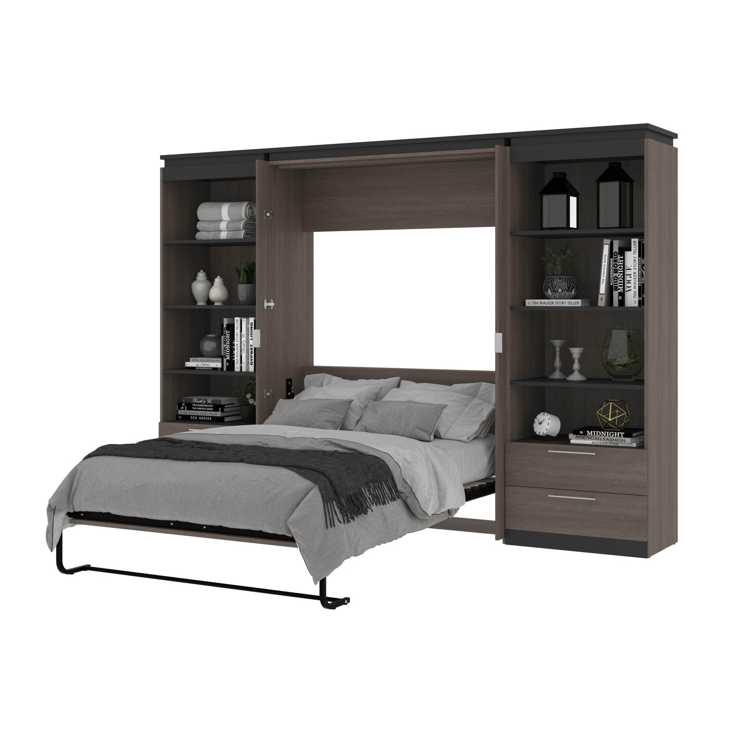 Modubox Murphy Wall Bed Orion 118"W Full Murphy Wall Bed with 2 Shelving Units and Drawers - Available in 2 Colours