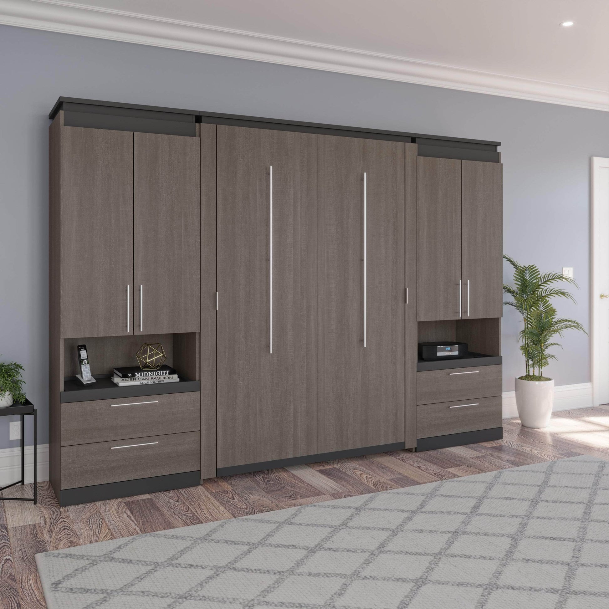 Modubox Murphy Wall Bed Orion 118"W Full Murphy Wall Bed with 2 Storage Cabinets and Pull-Out Shelves - Available in 2 Colours