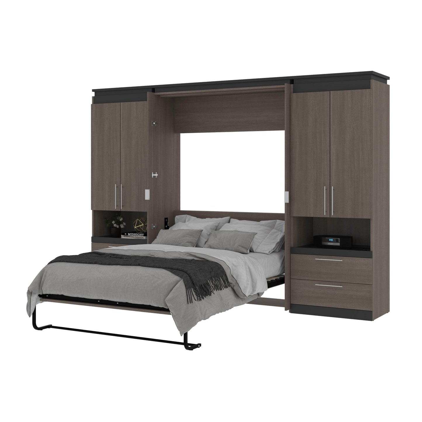 Modubox Murphy Wall Bed Orion 118"W Full Murphy Wall Bed with 2 Storage Cabinets and Pull-Out Shelves - Available in 2 Colours