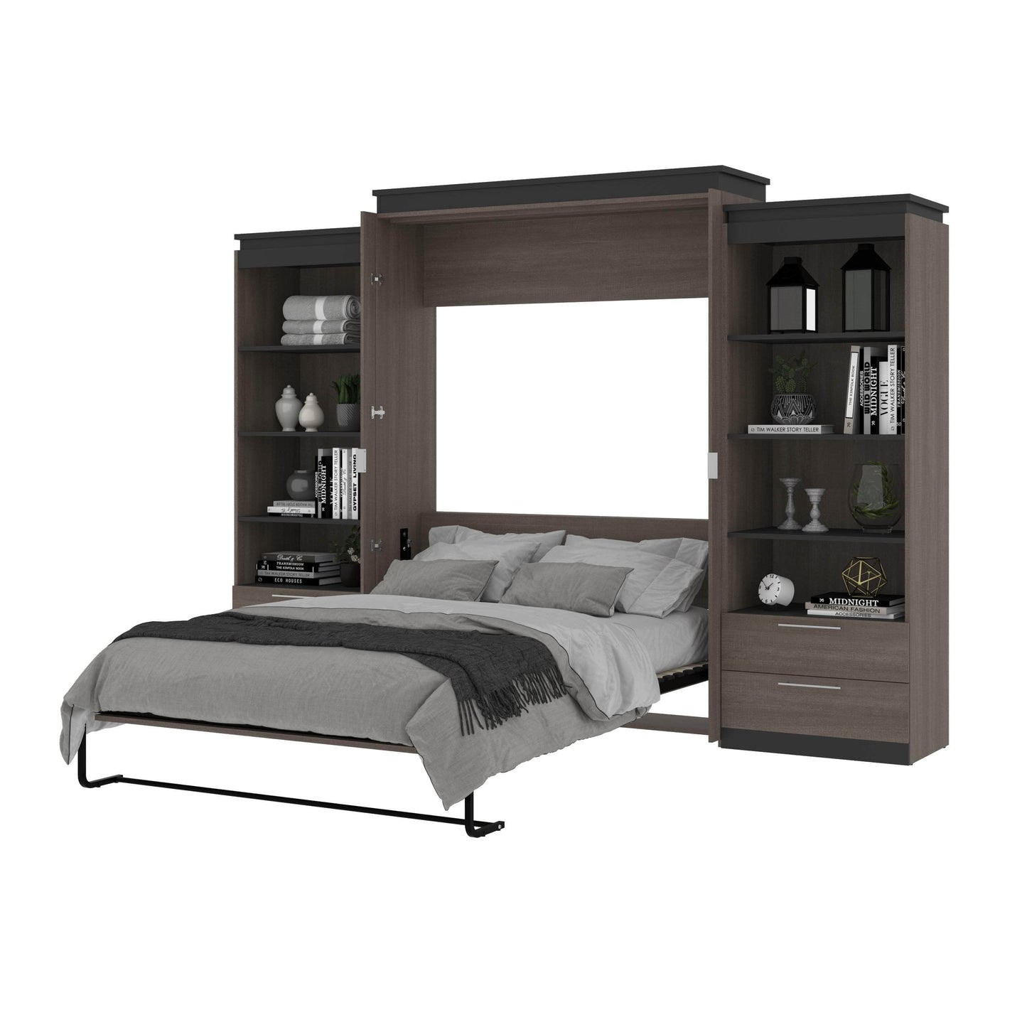 Modubox Murphy Wall Bed Orion 124"W Queen Murphy Wall Bed with 2 Shelving Units and Drawers - Available in 2 Colours