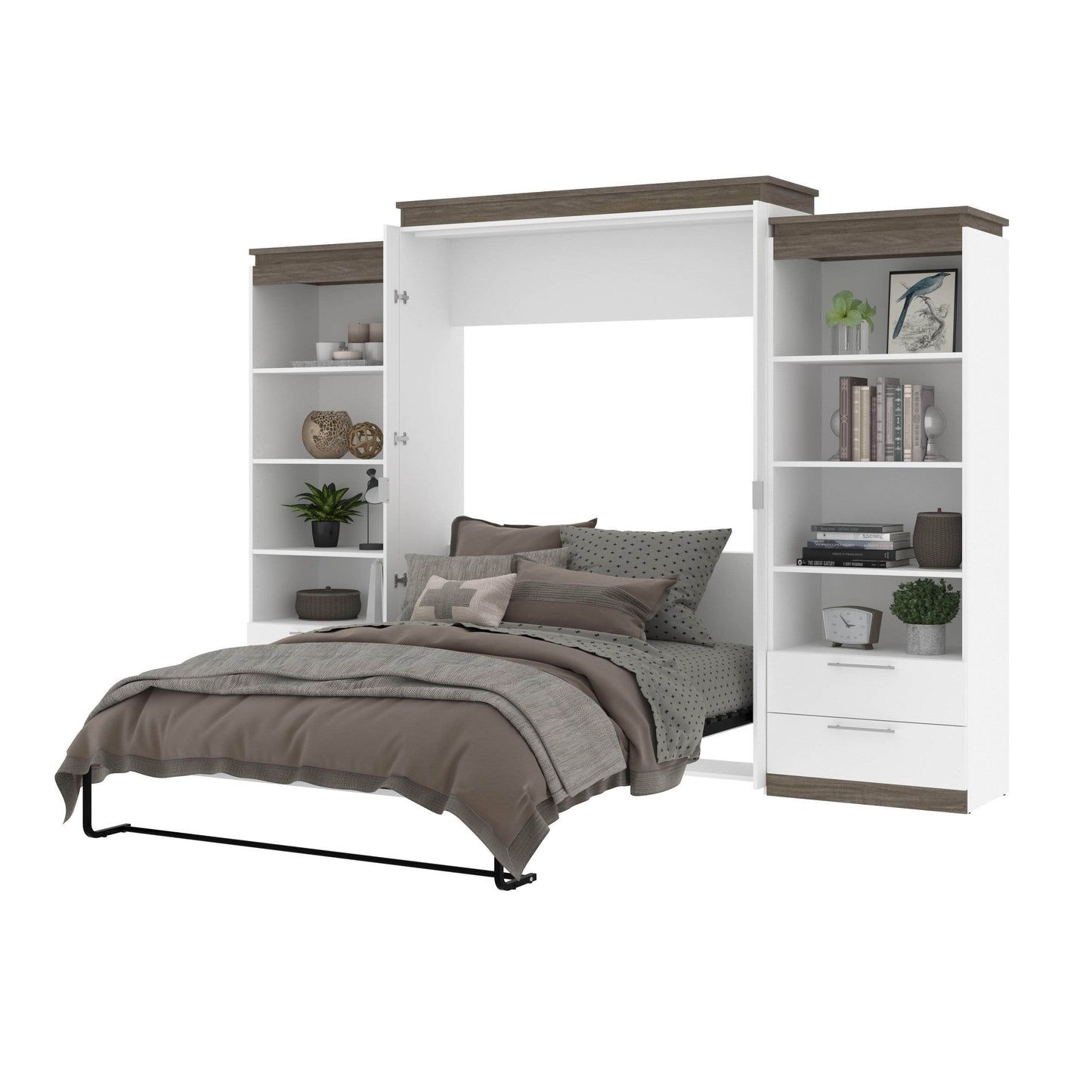 Modubox Murphy Wall Bed Orion 124"W Queen Murphy Wall Bed with 2 Shelving Units and Drawers - Available in 2 Colours