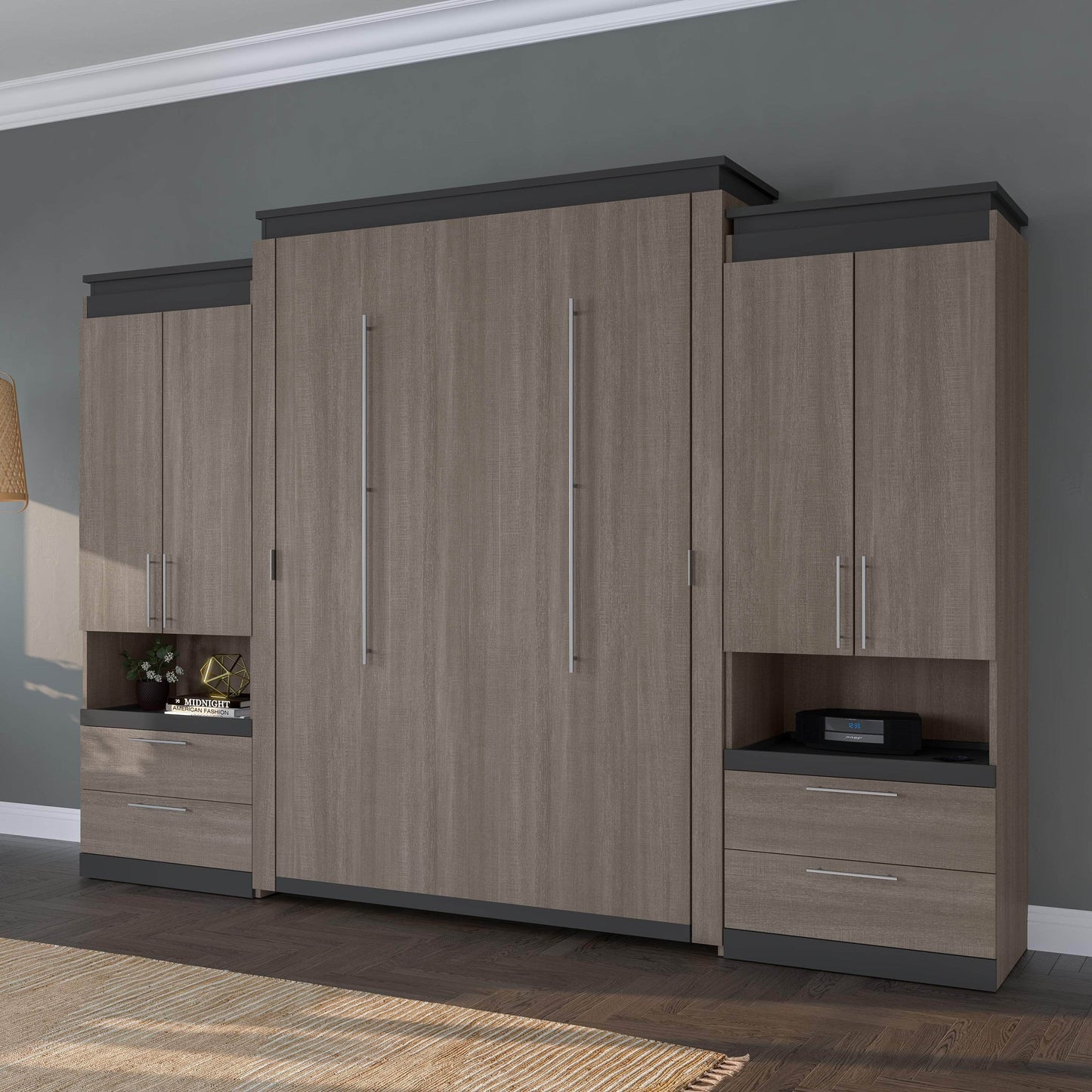 Modubox Murphy Wall Bed Orion 124"W Queen Murphy Wall Bed with 2 Storage Cabinets and Pull-Out Shelves - Available in 2 Colours