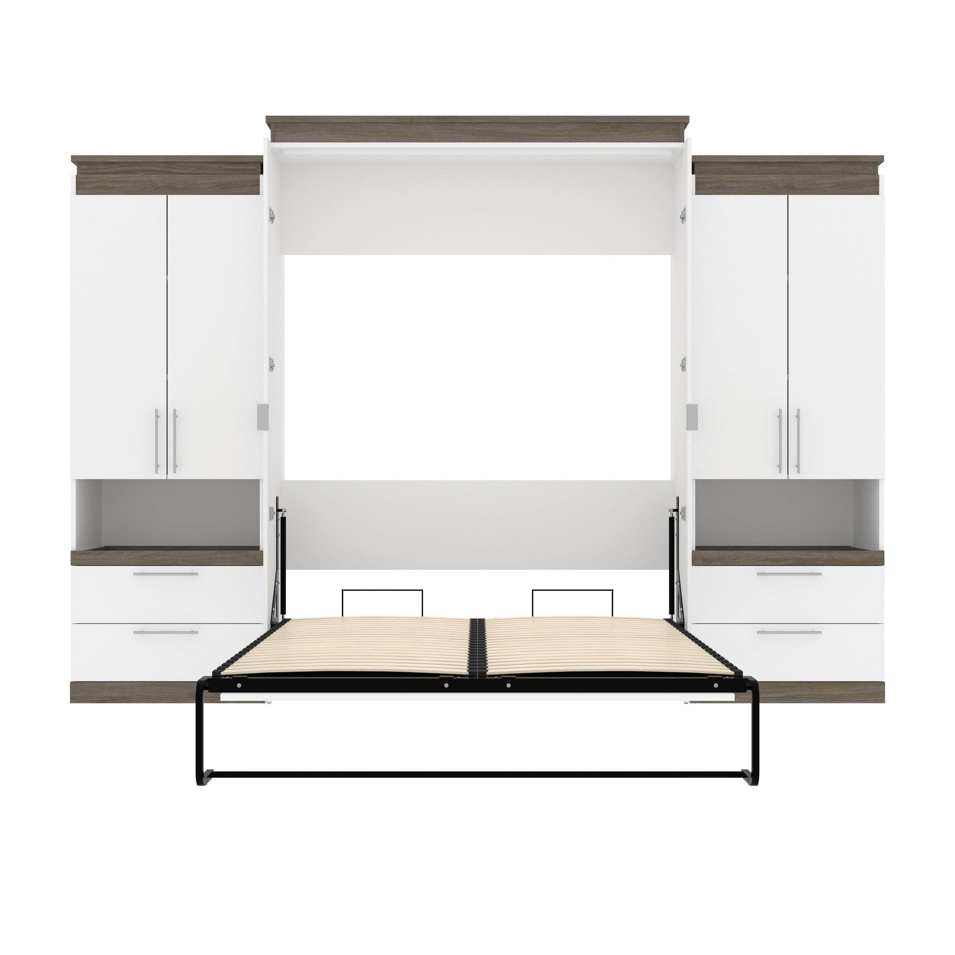 Modubox Murphy Wall Bed Orion 124"W Queen Murphy Wall Bed with 2 Storage Cabinets and Pull-Out Shelves - Available in 2 Colours