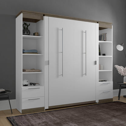 Modubox Murphy Wall Bed Orion 98"W Full Murphy Wall Bed with 2 Narrow Shelving Units and Drawers - Available in 2 Colours