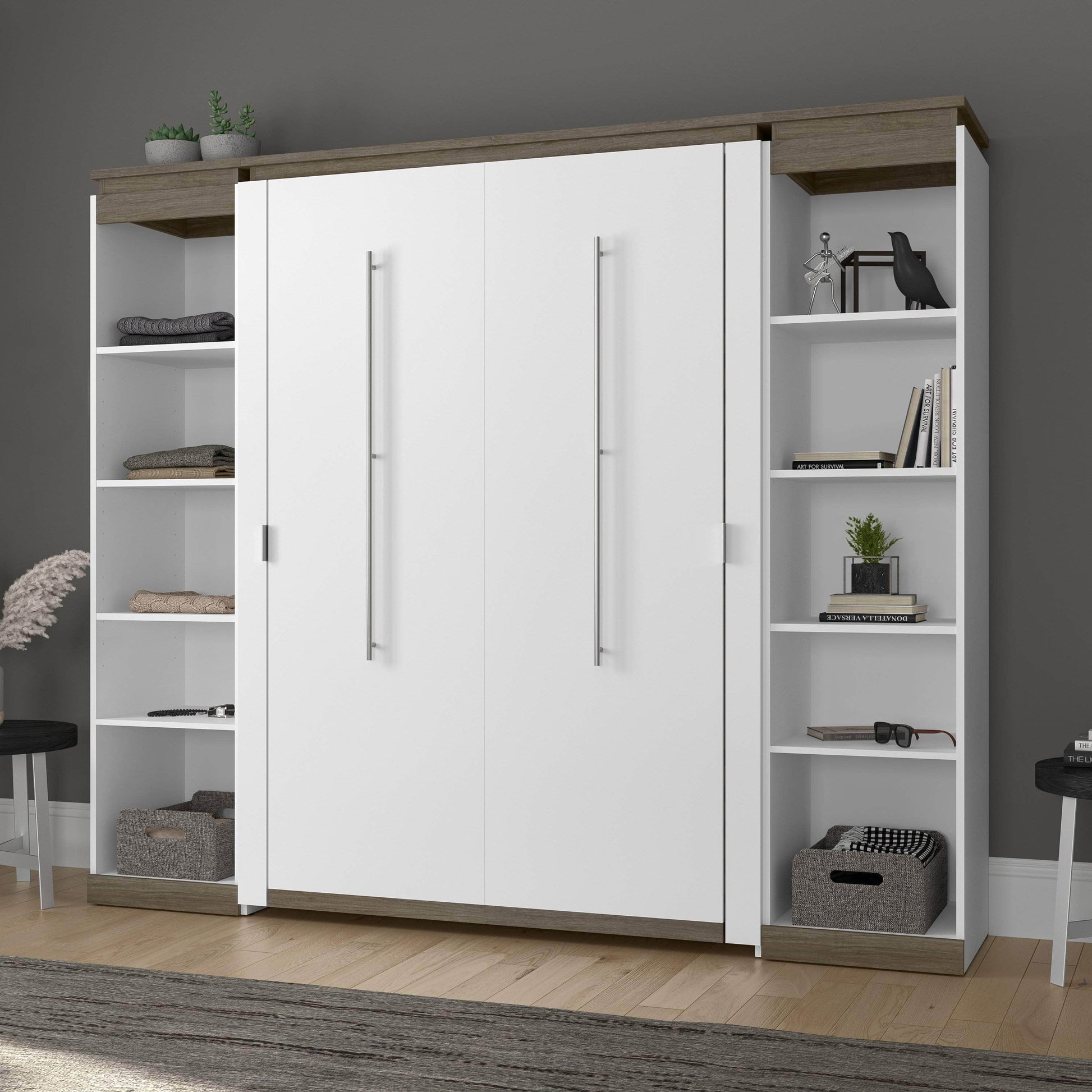 Modubox Murphy Wall Bed Orion 98"W Full Murphy Wall Bed with 2 Narrow Shelving Units - Available in 2 Colours