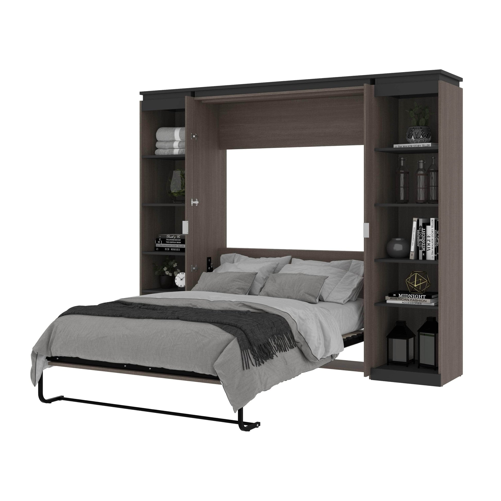 Modubox Murphy Wall Bed Orion 98"W Full Murphy Wall Bed with 2 Narrow Shelving Units - Available in 2 Colours